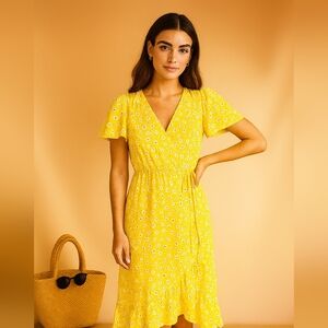 Yellow Floral Faux Wrap Dress Drawstring Waist Maxi Midi Sz Medium/Large